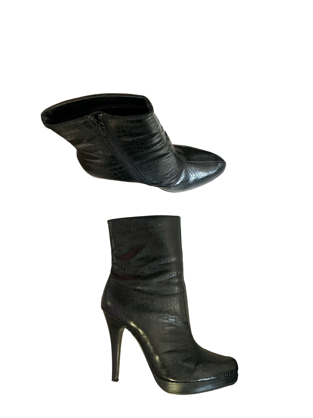 Vintage Delicious Black Croc-Embossed High-Heel Ankle Boots